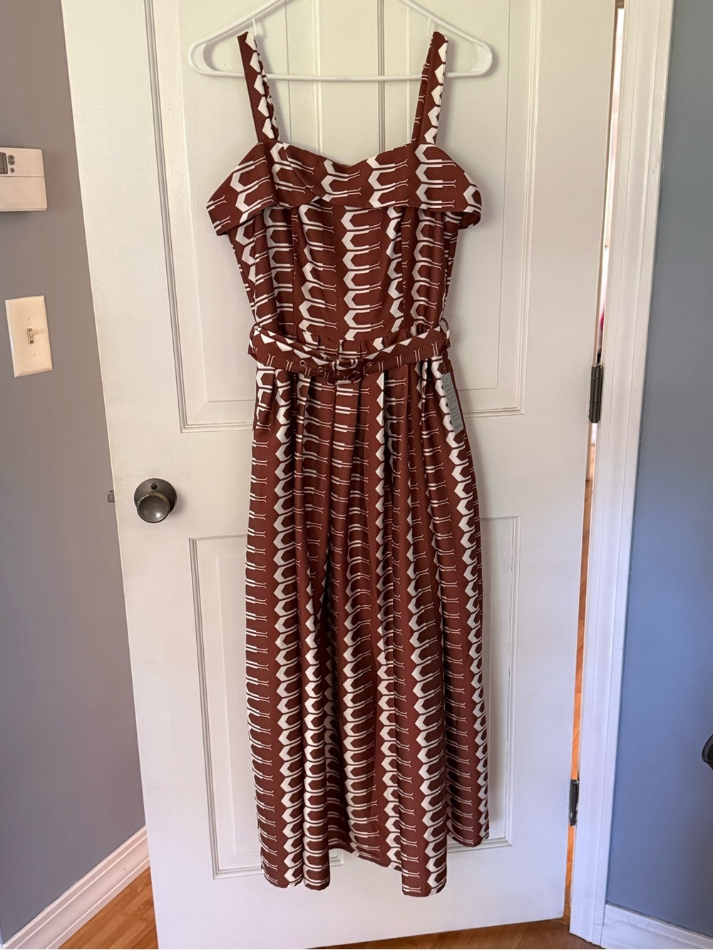 Ciebon Brown and White Geometric Patterned Midi Dress with Belt